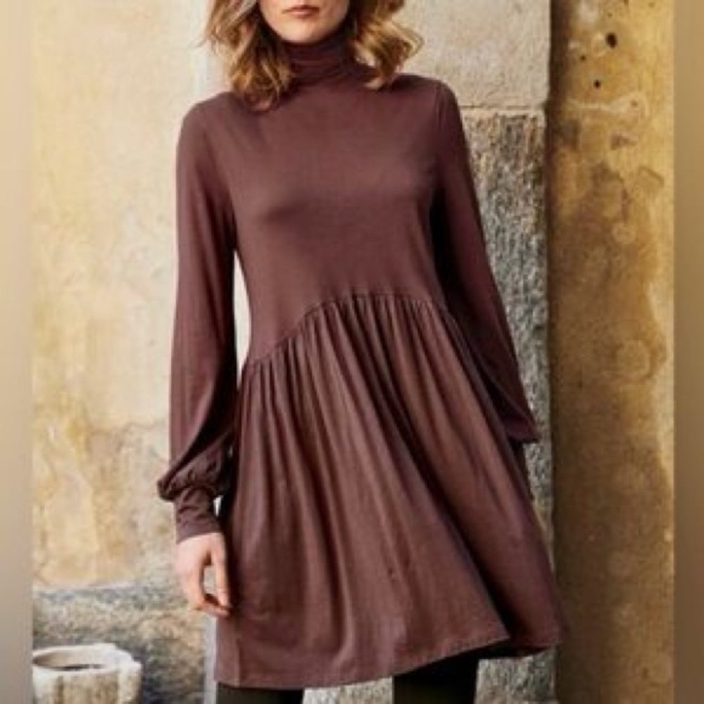 Peruvian Connection Women’s L Nicole Tunic Turtleneck Jersey Midi Dress Brown